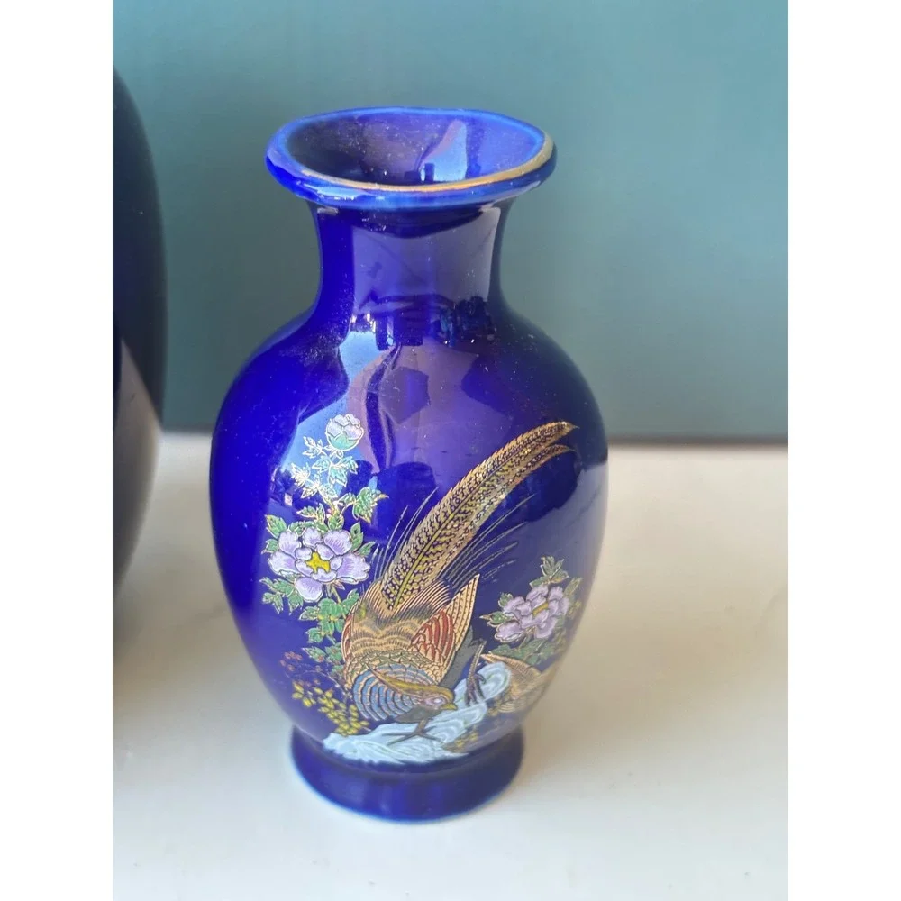 Vintage Cobalt Blue Peacock Ginger Jar and Bud Vase Set Gold Accents Chinoiserie